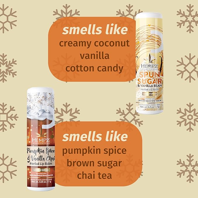 Hempz Limited Edition Fall Nourishing Lip Balm 2-Pack, Pumpkin Spice & Vanilla Chai .25 oz. and Limited Edition Spun Sugar & Vanilla Bean Lip Balm .25 oz