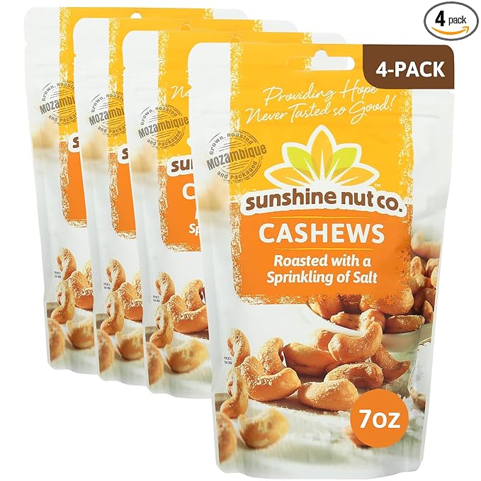 Sunshine Nut Company Whole Roasted Lightly Salted Cashews, Sprinkling of Salt Flavor, 4 Pack, 7 oz. Each, Gluten Free, Peanut Free and Vegan Individual Snack Packs for Kids and Adults, GMO Free