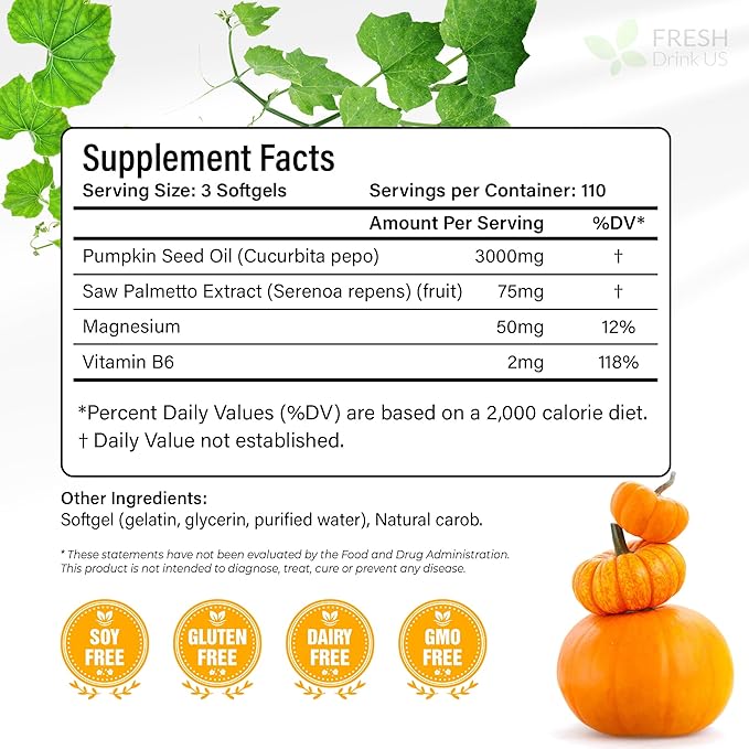 FRESHDRINKUS, 330 Premium Pumpkin Seed Oil Softgels with Saw Palmetto, 3000mg Per Serving, Cold Pressed, Pure Virgin Oil, Great Hair Support, Non-GMO, Gluten-Free, Vegan