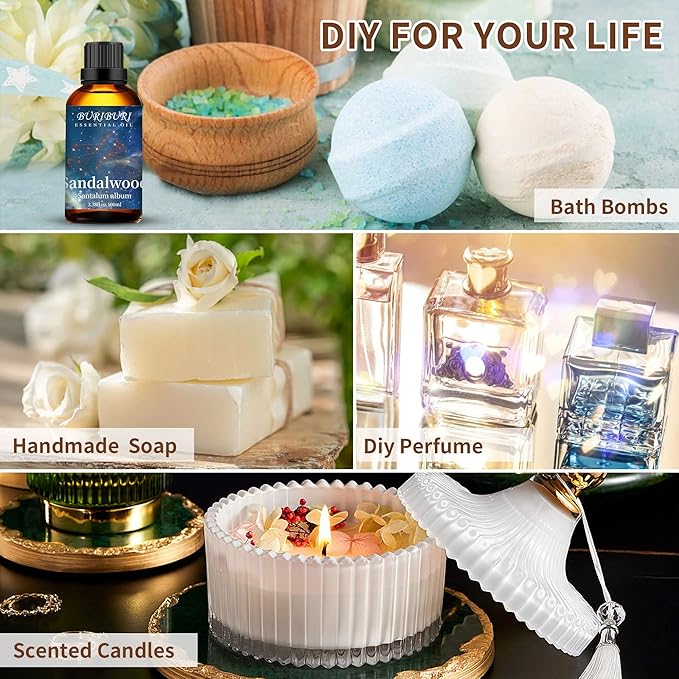 BURIBURI 100ML Sandalwood Essential Oil, 100% Pure Undiluted Aromatherapy Sandalwood Oil 3.38fl.oz for Soap, Candle Making, Massage, Diffuser, Humidifier