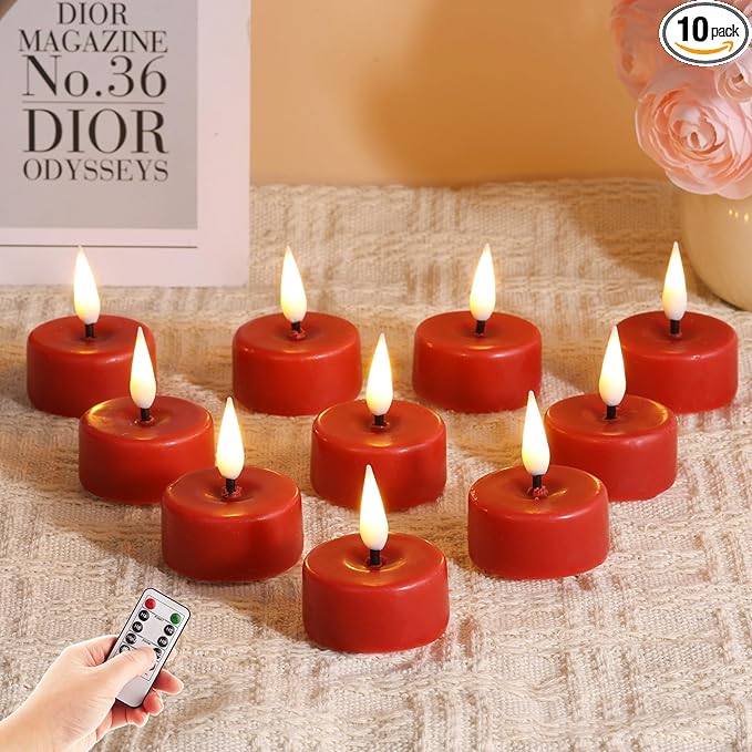Eywamage Red Flameless Wax Tealights with Remote, Flickering Battery LED Tea Lights Votive Candles Set of 10