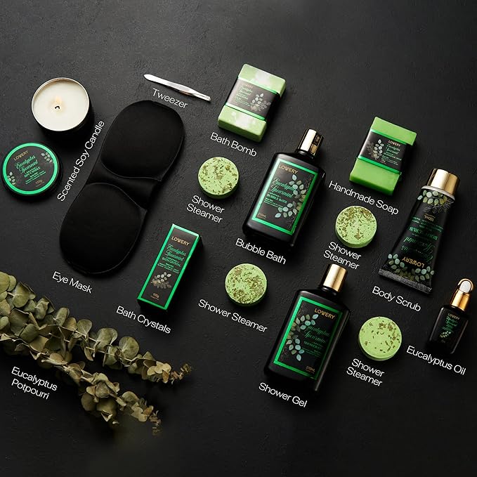 Eucalyptus Spearmint Bath Set, Home Spa Set with Natural Mint Fragrance, 17 Pcs Gift Basket, Eucalyptus Bath Oil, Shower Gel, Bubble Bath, Bath Crystal, Steamer Tablet & More, Best Birthday Gift