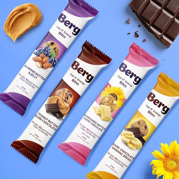 Berg Oat N' Energy Bites - Peanut Butter & Dark Chocolate - Non-GMO, Gluten Free, Dairy Free, Soy Free and Vegan - Clean Energy Snack - 1.5oz, (8 Pack)