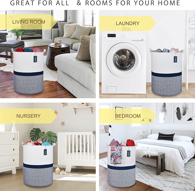COMSE Extra Large Blanket Basket, Tall Woven Storage Basket, Nursery Hamper, 15.7”x 21.7”, Cotton Rope Laundry Hamper for Toys Clothes Towels, Blend White/Navy Blue