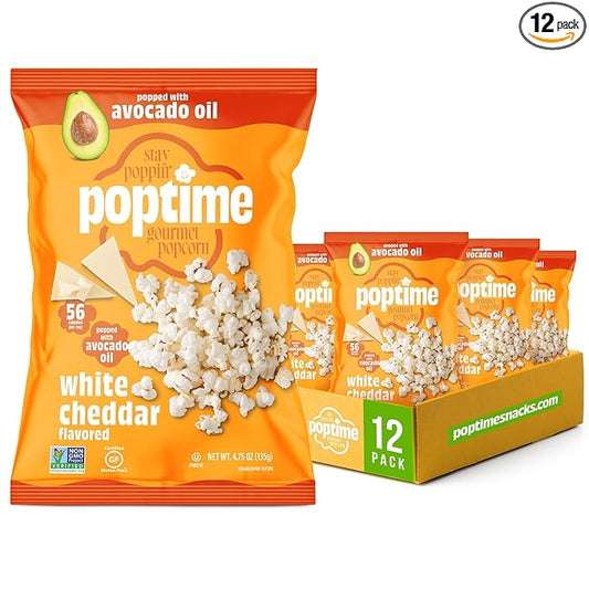 Poptime White Cheddar Popcorn Snack Bags – Gourmet Popcorn Bags, Healthy Snack With Heart-Healthy Avocado Oil, Crunchy, Cheesy, Gluten Free, Vegan, Low Calorie, Non-GMO, Kosher - 4.75 oz - Pack 12