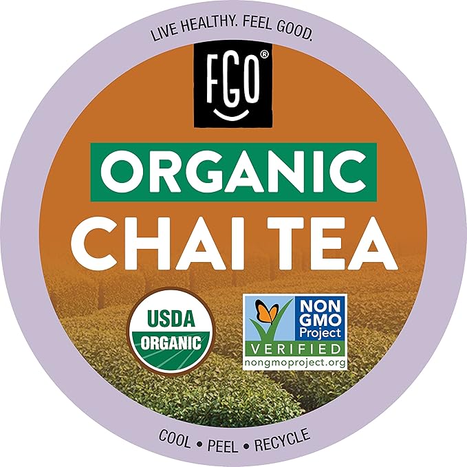 FGO Organic Chai Black Tea K-Cup Pods for Keurig, 24 Count (Pack of 1), Premium Black Tea with Chai Spice is USDA Organic, Non-GMO, & Recyclable with Naturally Occurring Caffeine