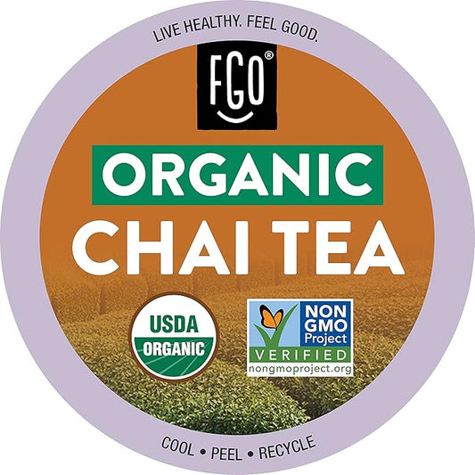 FGO Organic Chai Black Tea K-Cup Pods for Keurig, 24 Count (Pack of 1), Premium Black Tea with Chai Spice is USDA Organic, Non-GMO, & Recyclable with Naturally Occurring Caffeine
