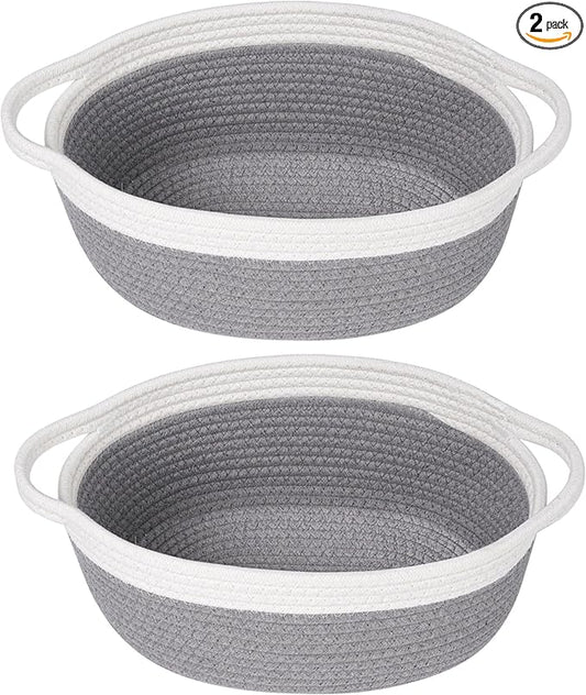 2 Pack Small Woven Storage Basket with Handles 12"x8"x5", Decorative Rope Bin for Home Organization, Shelf Storage,Cotton Rope Room Shelf Storage Basket with Handles