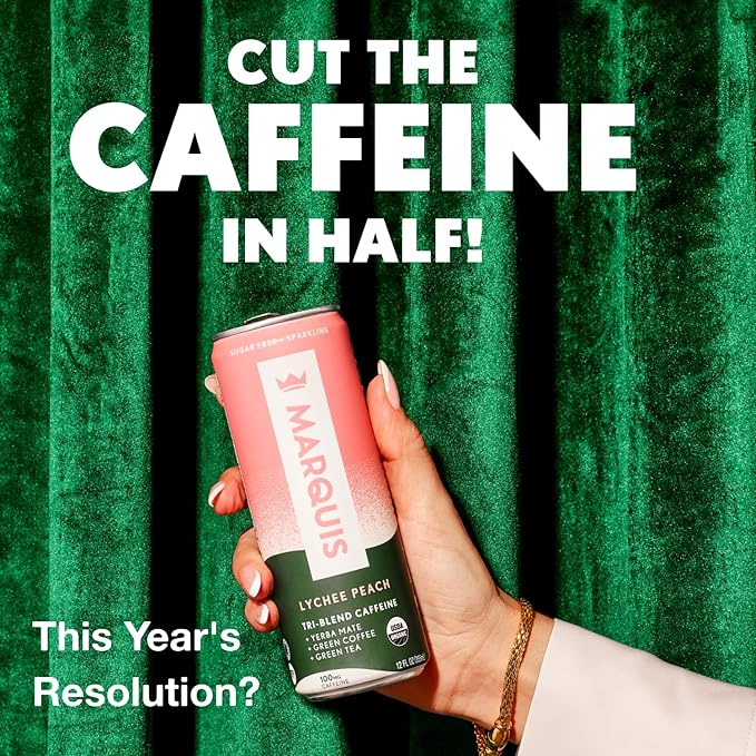 Marquis - Natural Energy Drink - Lychee Peach - Sugar Free - 0 Calories - 100mg of Organic Plant Based Caffeine - Yerba Mate - Green Tea - Vitamin C & B Vitamins - Vegan - 12 oz Cans - 12 Pack