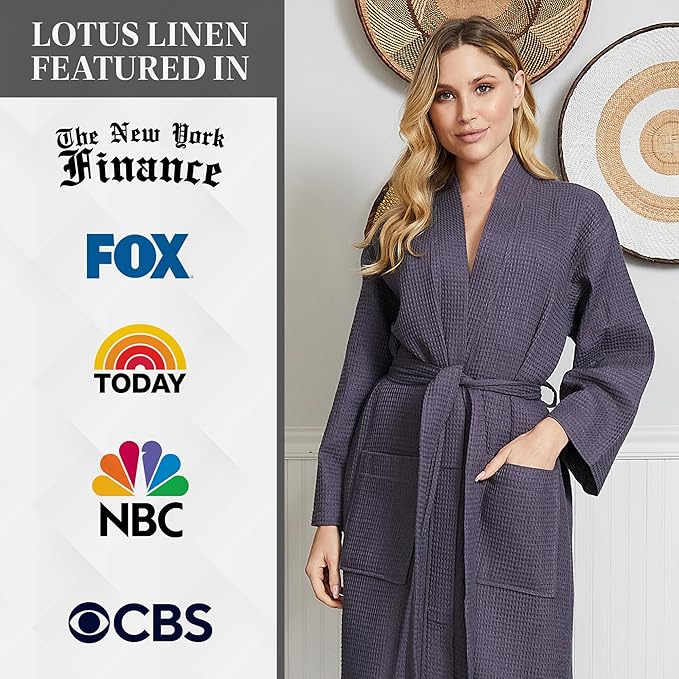 Lotus Linen Waffle Robes for Women - Lightweight Cotton Kimono Bathrobe - Long Soft Spa Bath Robe