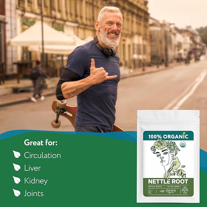 Organic Stinging Nettle Root Tea (40 Tea Bags) - Traditionally Used Herbal Tea for Men’s Health - Supports Prostate, Hormonal Balance & Energy - Té de Raíz de Ortiga