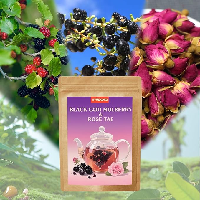 20 Bags Black Goji Mulberry & Rose Tea, Natural Ingredients Chinese Herbal Tea Bags, No Additives, Caffeine-Free Plant-Based Tea Sachets