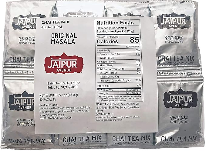 Jaipur Avenue Masala Chai Tea Mix Crafted with All-Natural Assam Black Tea, Masala, Cane Sugar, and Premium Dry Milk - Preservative-Free, Gluten-Free, Authentic Indian Chai Tea Latte (50 Packets)