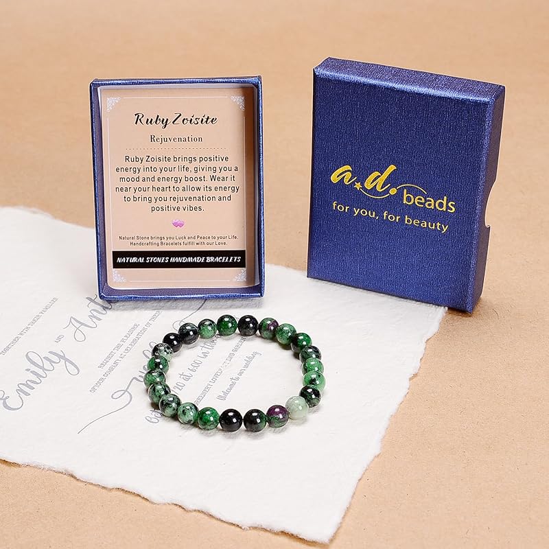 AD Beads Handmade Gemstone Stretch Elastic Bracelet Crystal Healing Reiki Nature's Beauty and Spiritual Essence Unisex (10mm, Ruby Zoisite (Rejuvenation))
