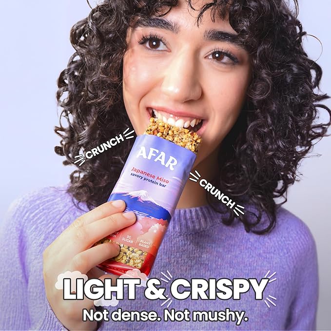 Afar Savory Protein Bars – Low Sugar, High Protein – Healthy Snacks for Adults – Meal Replacement Bar – Rice Crispy Texture – Vegan, Gluten Free (8 Bars, Japanese Miso)