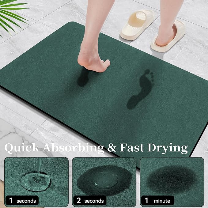 Bath Mat Rugs 24x17 - Diatomaceous Earth Bath Mat Quick Dry Absorbing Bathroom Rugs Rubber Non Slip Thin Bathroom Mat Fit Under Door, Bath Mats for Bathroom Floor, Tub and Shower, Sink, Dark Green