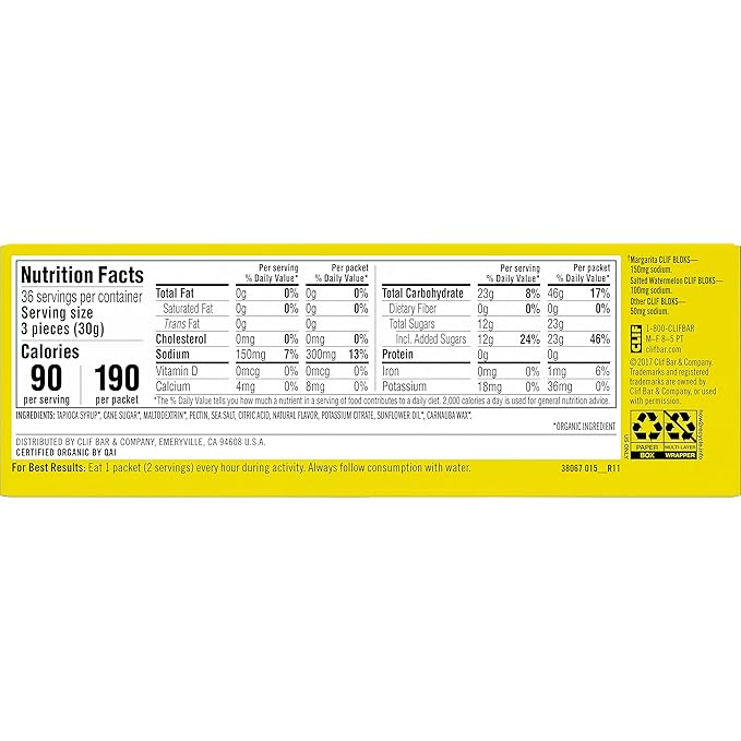 CLIF BLOKS - Margarita Flavor with 3X Sodium - Energy Chews - Non-GMO - Plant Based - Fast Fuel for Cycling and Running - Quick Carbohydrates and Electrolytes - 2.12 oz. (18 Count)