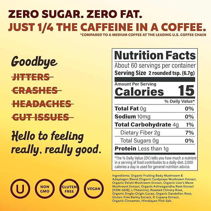 Joe'y Mushroom Coffee Alternative with Cacao and Dandelion Root, Chicory Coffee Substitute with Adaptogenic Superfoods, Vegan Gluten-Free Drink for Focus and Clean Energy without Jitters, 60 Servings