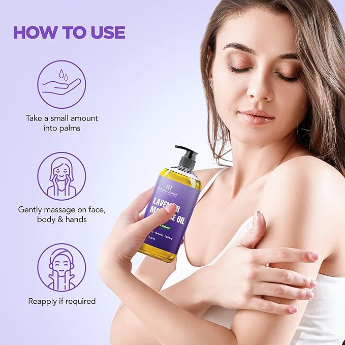 Lavender Massage Oil with Pure Lavender Oil (8 Fl Oz) Skin Tightening Massage Oil for Massage Therapy and Instant Absorption for Bum Thighs and Belly by Botanic Hearth