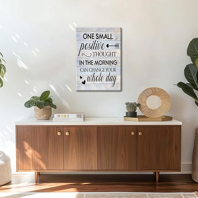 Farmhouse Inspirational Wall Decor for Home Decoration – One Small Positive Thought in the Morning Quote Picture Canvas Prints, Motivational Wall Art for Living Room Bedroom 12x16 inch Framed