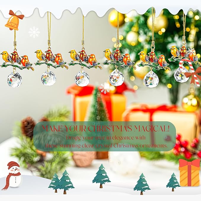 H&D HYALINE & DORA 6 Pcs Birds on Branches with Ball Prism Ornaments Birds Christmas Hanging Ornament Christmas Decorations for Tree Holiday Present Ideas