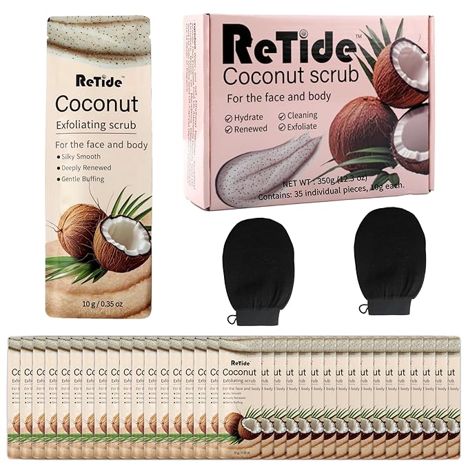 Coconut Body Scrub Gift Set - 35 Packets & 2 Pcs Exfoliating Gloves,Exfoliating & Moisturizing Sugar Scrub for Face & Body, Self Care Gifts for Women