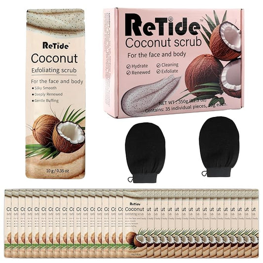 Coconut Body Scrub Gift Set - 35 Packets & 2 Pcs Exfoliating Gloves,Exfoliating & Moisturizing Sugar Scrub for Face & Body, Self Care Gifts for Women