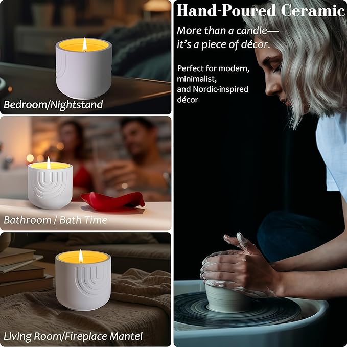 Viyffo Sandalwood Scented Candle, Natural Soy Wax in Modern White Ceramic Jar, Long Lasting Aromatherapy Candle for Relaxation, Meditation & Home Decor Gift