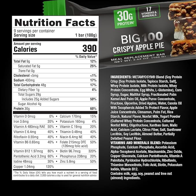 MET-Rx Big 100 Colossal Protein Bars, Crispy Apple Pie Meal Replacement Bars, 9 Count