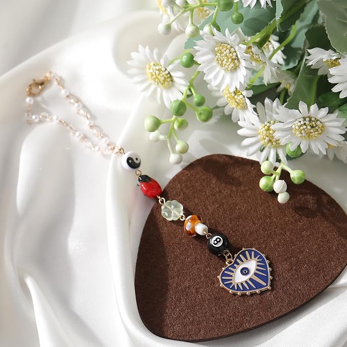 Evil Eye Car Rearview Mirror Charm - 8 Ball Mushroom Ladybug Hanging Ornament with Beads, Boho Style Cars Decor Pendant for Protection, Good Luck & Positive Energy Accessories