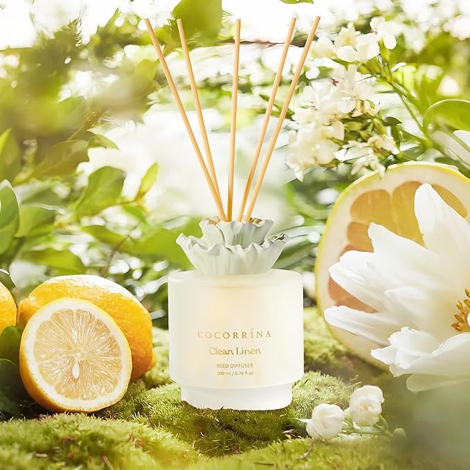 COCORRÍNA Gypsum Flower Reed Diffuser Set for Bathroom Décor – Clean Linen Scent, 6.76 oz with Sticks & Oil – Home Fragrance for Bathroom & Living Space