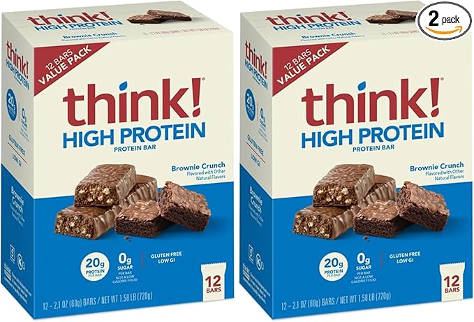 think! Protein Bars, High Protein Snacks, Gluten Free, Sugar Free Energy Bar with Whey Protein Isolate, Brownie, Nutrition Bars without Artificial Sweeteners, 2.1oz Bars, 1 Box (Pack of 2)