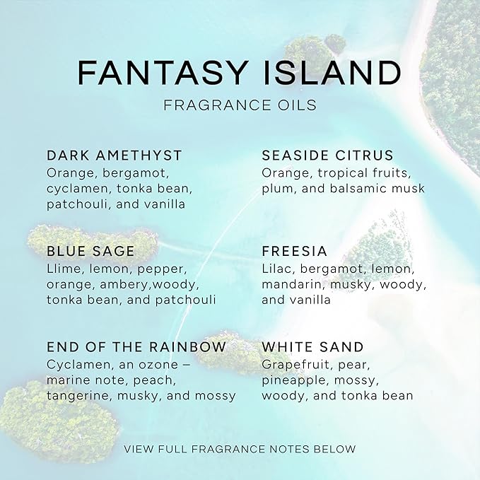 Eternal Essence Oils Fantasy Island Set of 6 Premium Fragrance Oils - Includes Freesia, Dark Amethyst, Blue Sage, End of The Rainbow, White Sand, and Seaside Citrus Scented Oils - 10ML