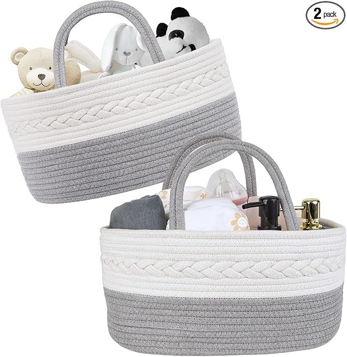 Baby Diaper Caddy Girl Boy Organizer Small Woven Baskets With Handle, Cotton Rope Tote For Shower Nursery, Decorative Small Storage Baskets For Shelves,Unique Gift Baby