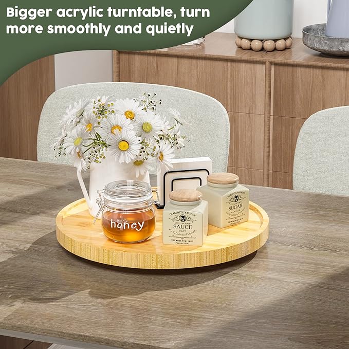 Lazy Susan for Table, 12 Inch Non-Skid Bamboo Turntable Organizer for Salt Pepper Spices and Olive Oil Next to Stove, Wooden Lazy Susan Organizer for Kitchen Countertop Organizer
