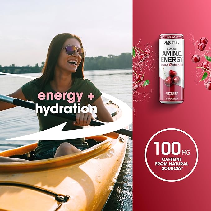 Optimum Nutrition Amino Energy Sparkling Hydration Drink, Electrolytes, Caffeine, Amino Acids, BCAAs, Sugar Free, Juicy Cherry, 12 Fl Oz, 12 Pack (Packaging May Vary)