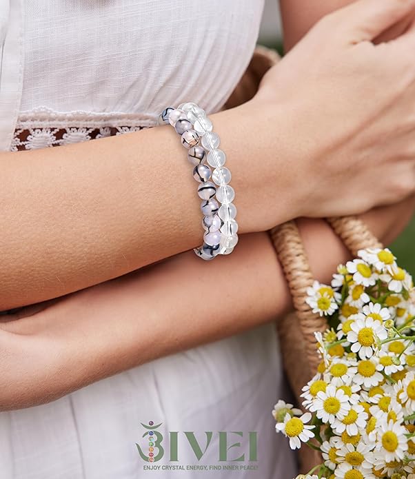 Bivei Natural Gemstone Semi Precious Healing Crystals Handmade Stretchy Round Beads Bracelet, Enhance Positive Energy