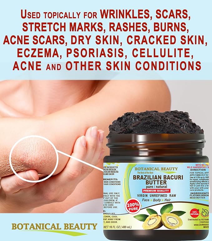 Botanical Beauty Brazilian BACURI BUTTER 100% Pure Natural VIRGIN UNREFINED for FACE, SKIN, BODY, HAIR, NAILS Skin Moisturizer Butter, Skin Nourishing Butter (4 Fl Oz)