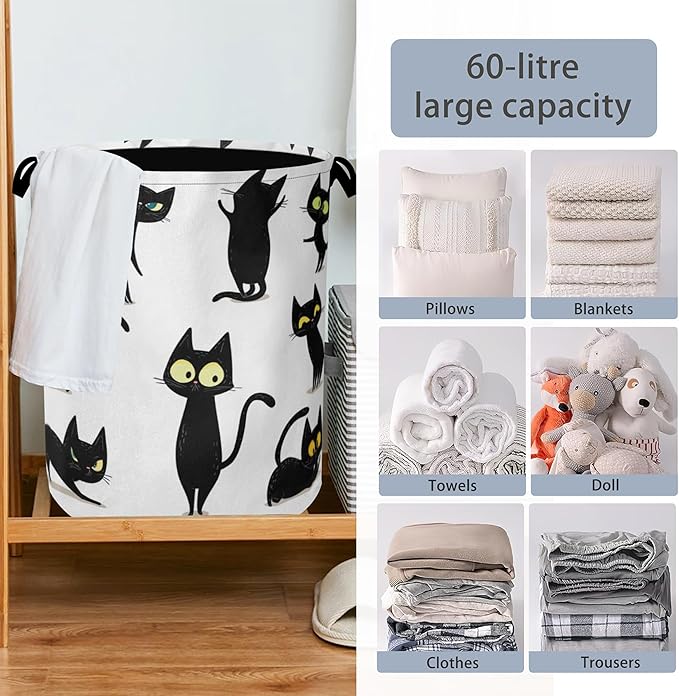 Funny Black Cat Laundry Hamper,Dirty Clothes Laundry Basket with Handles Waterproof Oxford Cloth Storage Basket for College Dorms Bathroom Bedroom 16" x 20.8"