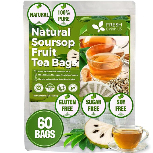 FreshDrinkUS, 60 Premium Soursop Graviola Fruit Tea Bags, 100% Natural and Pure from Soursop Fruits, Made With Natural Materials-Corn Fiber Tea Bag, Sugar/Caffeine/Gluten Free, Hoja Guanabana Tea
