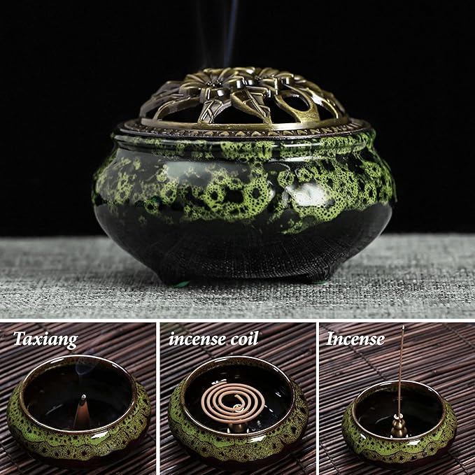 Ceramic Incense Burner with Lid, Bowl Burner， Cone Incense Burner, Ceramic Censer Suitable for Incense/Cone/Coil/Sticks, There are 30 Incense Cones+ Metal Incense Holder+Fireproof Cotton Inside.