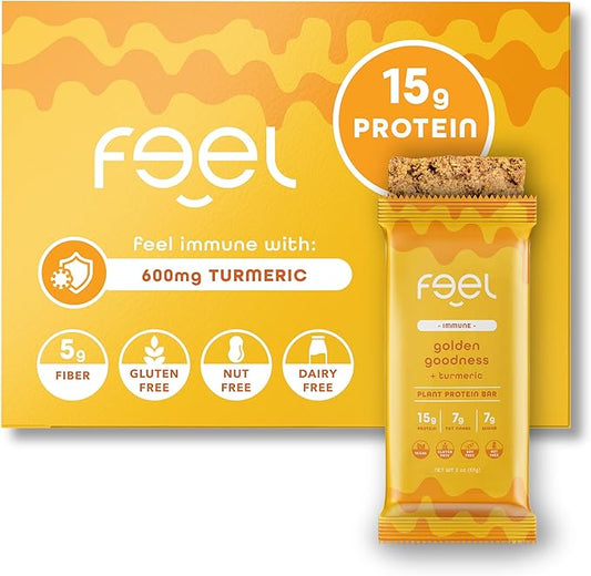 Feel Vegan Protein Bars | Golden Goodness | Keto | Gluten Free | Organic | Turmeric | 15g Protein | Low Carb | Dairy Free | Grain Free | Nut Free | Soy Free | Non GMO - 10 Pack