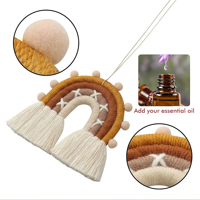 BOHO GARDEN Macrame Boho Rainbow Charm - Essential Oil Diffuser for Cars, Baby Nursery, Children's Bedroom, Home & Office - Colorful Decorative Hanging Air Freshener & Accessories - 3x4 - Rocky Road