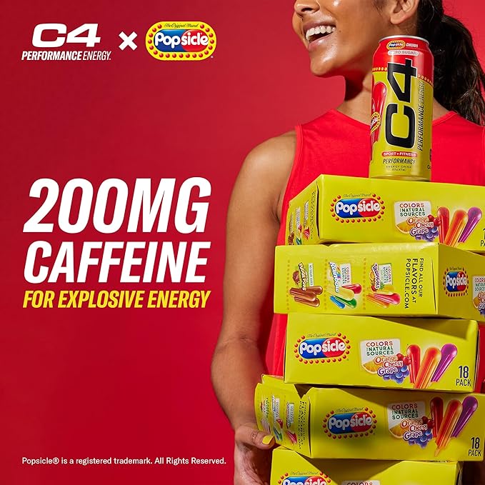 C4 Energy Drink x Popsicle Variety Pack, Carbonated Sugar Free Pre Workout Performance Drink with no Artificial Colors or Dyes, 3 Flavors - Grape, Hawaiian Pineapple, and Cherry, 16 Oz, Pack of 12