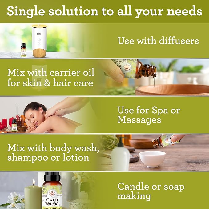 GuruNanda Lemongrass Essential Oil, 100% Pure, Natural and Undiluted Diffuser Oil for Aromatherapy, Massages & DIY Recipies, for Rejuvenation (2X0.5 fl Oz)