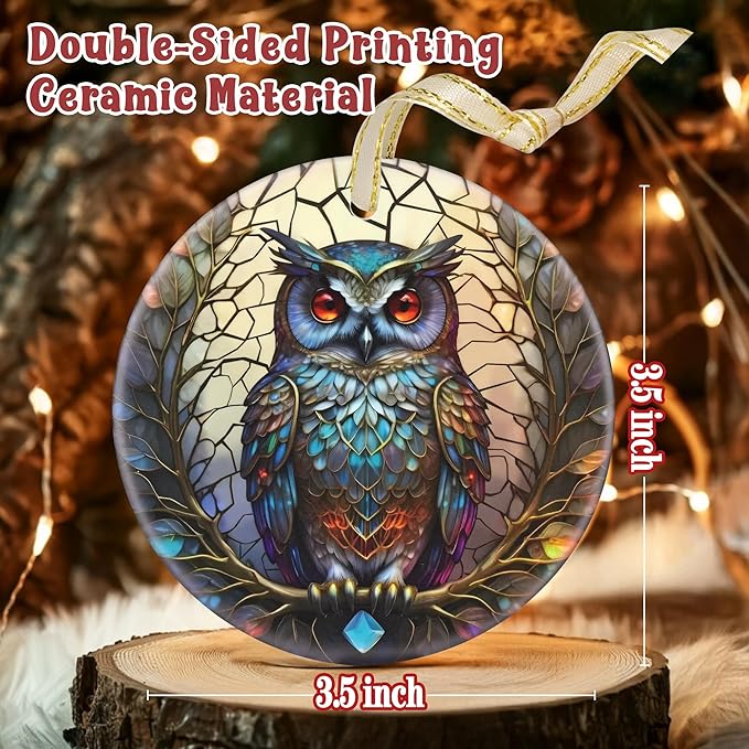 Christmas Ornament - Owl Decor Round Ceramic - Owl Hanging Ornament - Christmas Tree Decor - Owl Ornaments for Christmas Tree - Gifts for Owl Lovers - Owl Themed Gifts