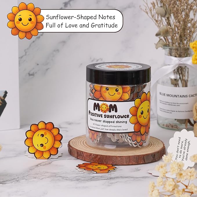Positive Sunflower Jar for Mom, Affirmation Cards, Inspirational, Self Care Gifts for Women, Emotional Support, Encouragement Cards, Birthday Gift for Mom from Daughter, Son