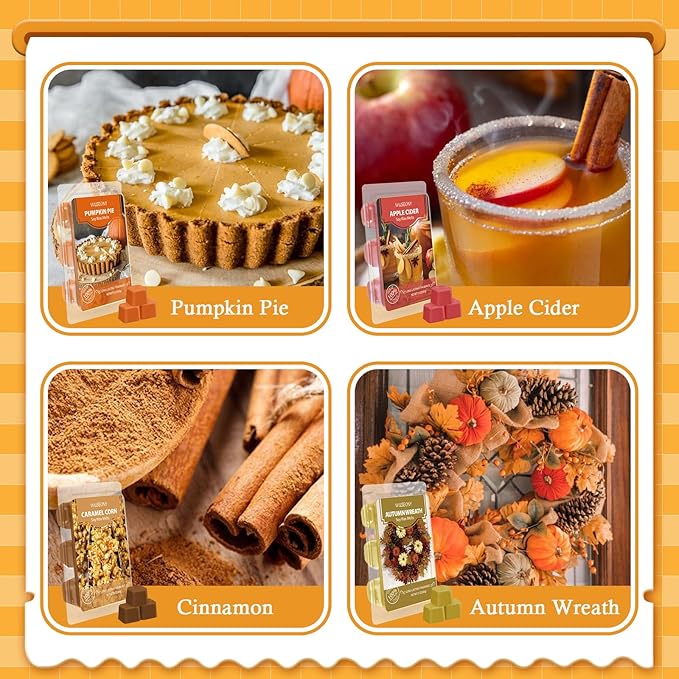Autumn Scented Wax Melts, Fall Wax Cubes Gift Set, Soy Wax Tarts for Warmer - Pumpkin Pie, Apple Cider, Cinnamon, Autumn Wreath, Forest Pine, Snickerdoodle, Caramel Corn, Vanilla, 8 Pack