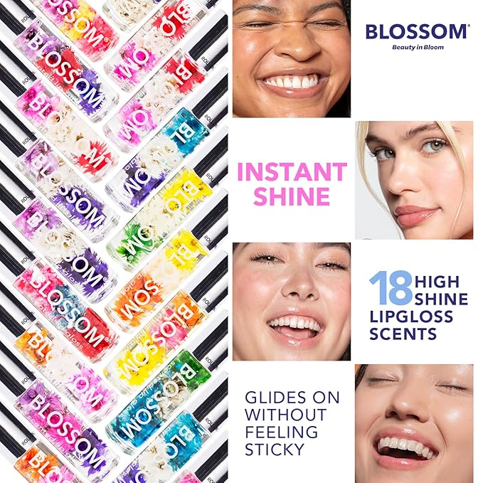 Blossom Roll on Lip Gloss, Scented Clear High Shine Moisturizing Lip Oil, Non Sticky, Infused with Real Flowers, Made in USA, 0.2oz, Strawberry Hemp