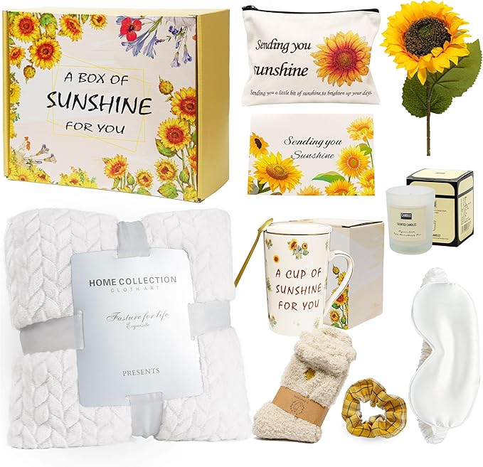 Sunflower-Themed Encouragement Gift Box for Women - Self Care Package with Ultra Soft Flannel Blanket, Best Friend Birthday, Thinking of You Gifts for Her (Luxury Ready-to-Give)
